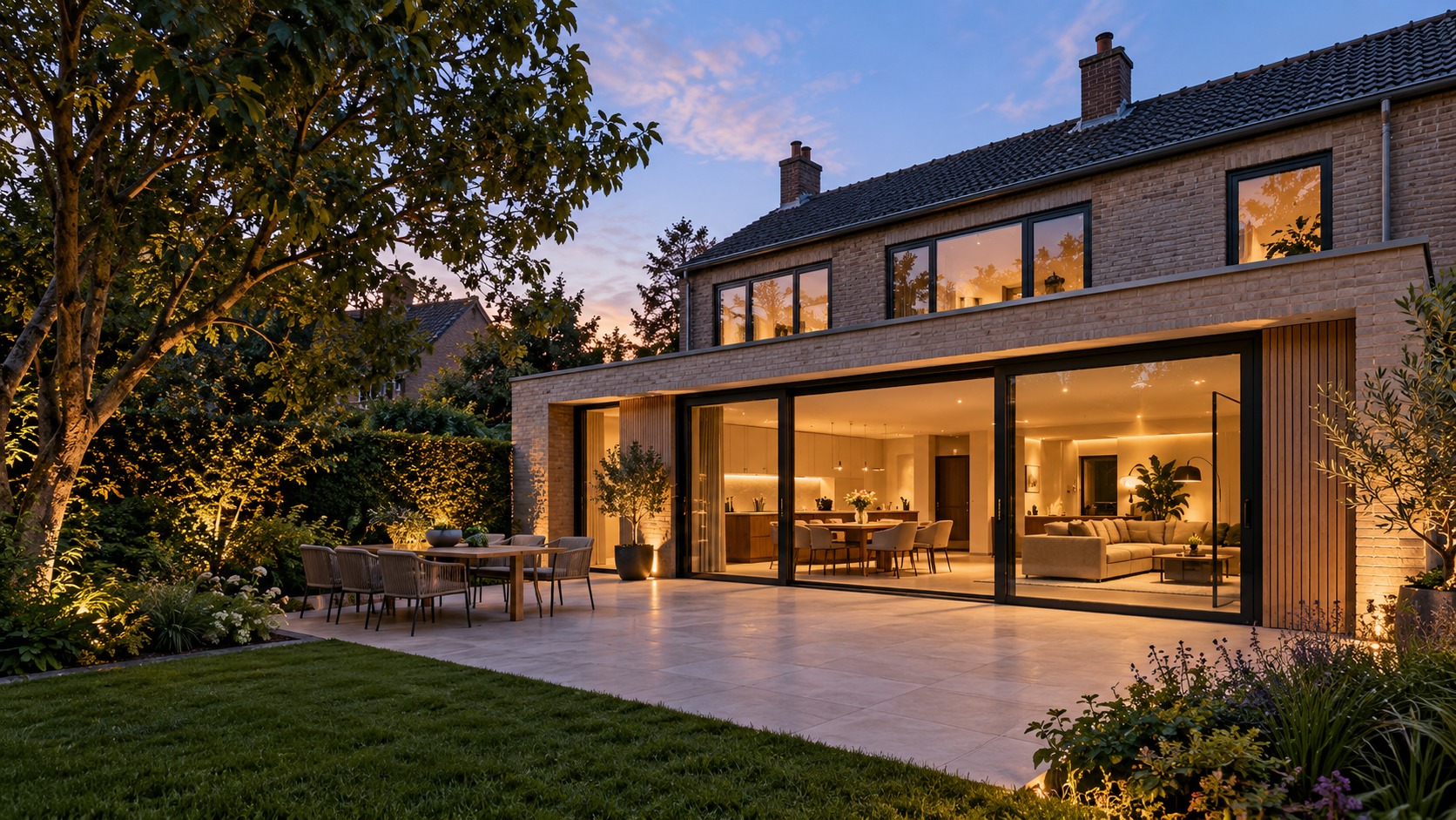Architecturale impressie van een Nederlandse woning met grote schuifpuien en antracietkleurige kozijnen